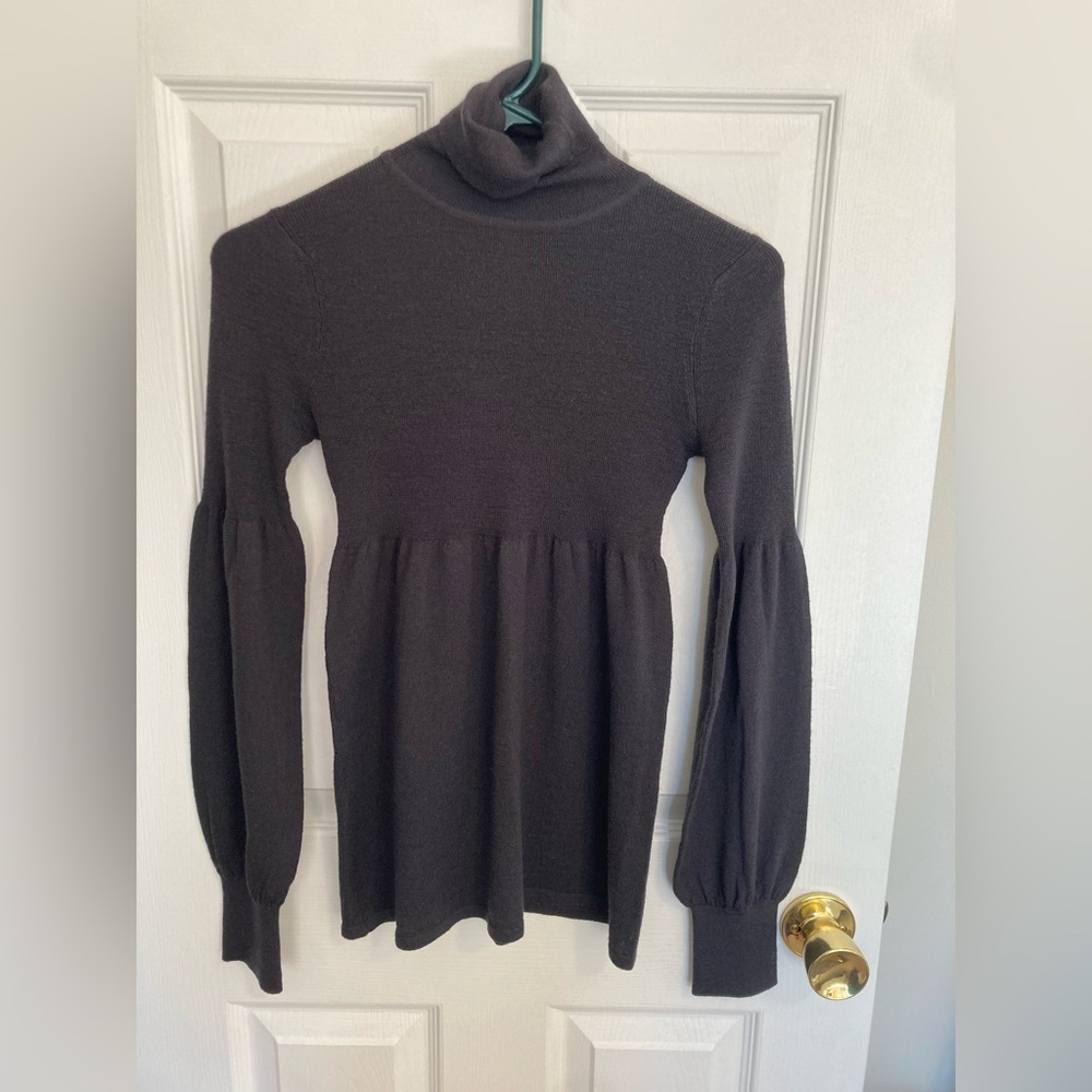 U Knit 100% Merino Wool Babydoll Gray Balloon Sleeve Sweater Sz PM Turtleneck
